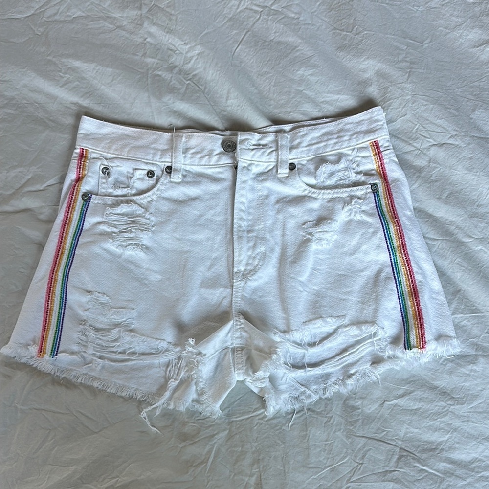 White Denim Shorts with Rainbow Stripes